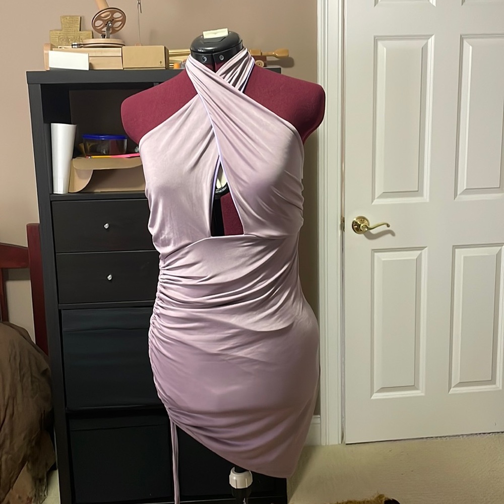 Small asymmetrical halter bodycon dress in dusty purple by saints 21